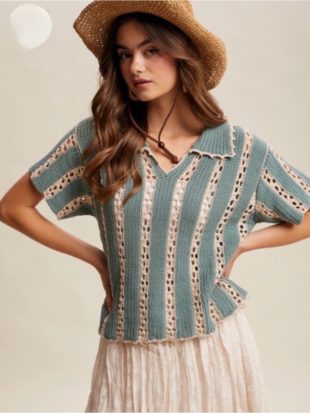 Listicle Teal and Cream Striped Knit Polo Top